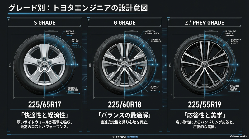 ハリアー80系のSグレード(17インチ)、Gグレード(18インチ)、ZおよびPHEVグレード(19インチ)のタイヤサイズ比較
