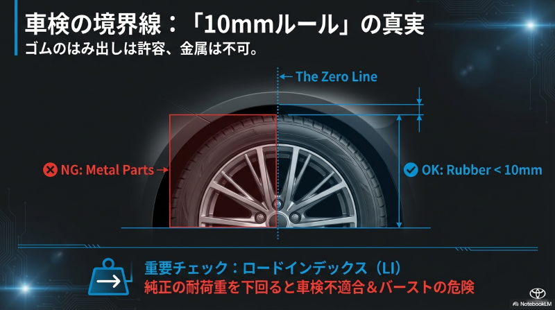 車検基準におけるタイヤのゴム部分のはみ出し許容(10mm未満)と金属部分のNGルールの図解