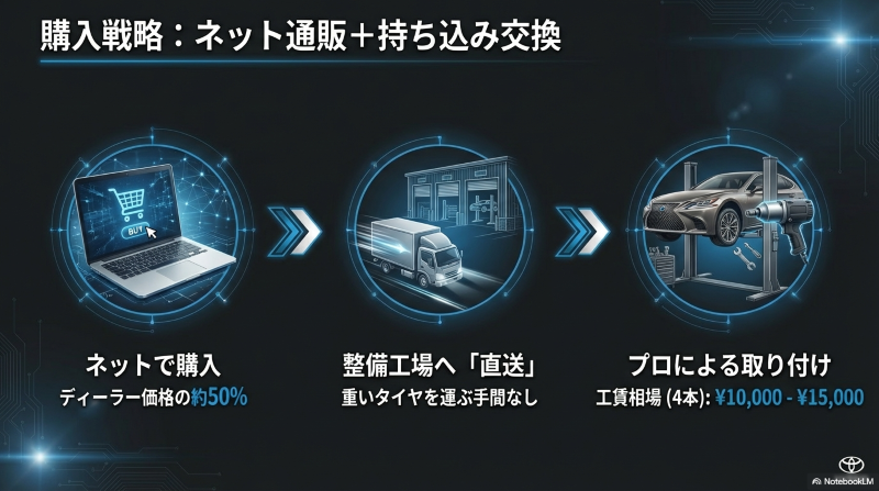 インターネット通販で安くタイヤを購入し、整備工場へ直送して持ち込み交換を行う賢い購入戦略