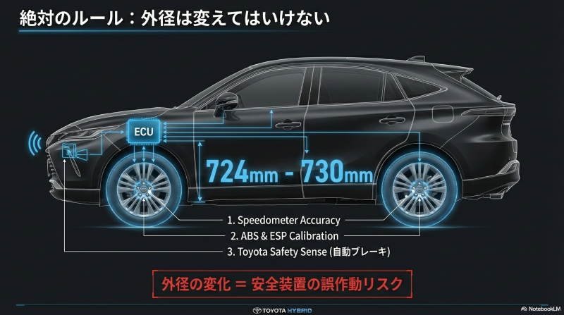 タイヤ外径の変化がスピードメーター精度や自動ブレーキなどの安全装置に与える誤作動リスクの解説図