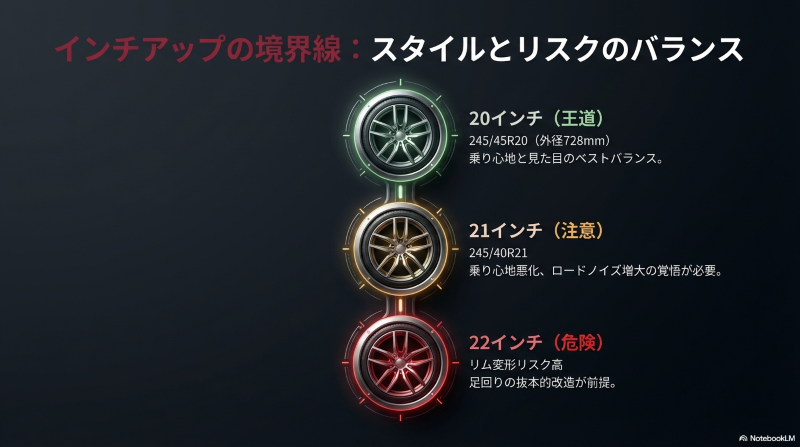 ハリアーZを20インチ（245/45R20）、21インチ、22インチへインチアップする際における、スタイルと乗り心地悪化・リム変形リスクの境界線バランス