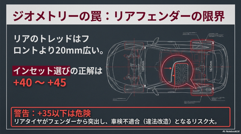 ハリアーZのフロント（1605mm）とリア（1625mm）のトレッド幅の違いによる、リアタイヤの突出リスクと適正インセット（+40〜+45）の解説図