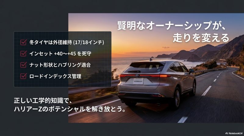 ハリアーZの冬タイヤの外径維持（17/18インチ）、インセット（+40〜+45）、ナット形状、ロードインデックス管理など、ポテンシャルを解き放つタイヤ選びの重要ポイントまとめ