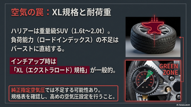 ハリアーZのタイヤ交換・インチアップ時にバーストを防ぐための、XL規格タイヤの採用と高めの空気圧設定（GREEN ZONE）の重要性