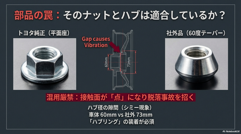 ハリアーZに社外ホイールを装着する際の、トヨタ純正（平面座）と社外品（60度テーパー）の混用厳禁の警告および、ハブ径の隙間を埋めるハブリング装着必須の解説