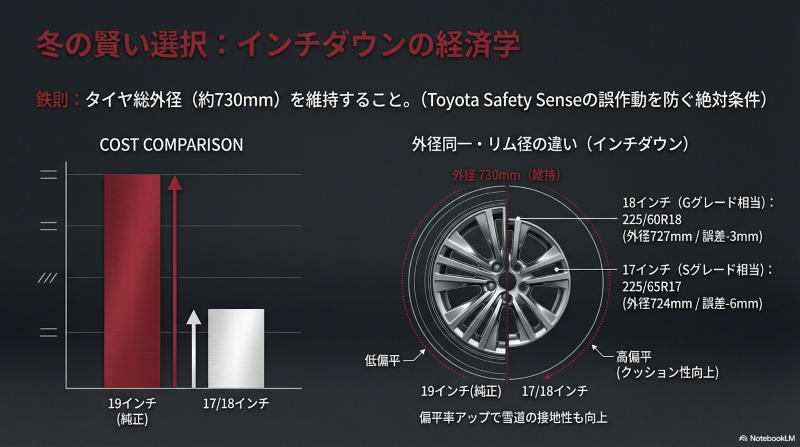 ハリアーZの純正19インチから、外径約730mmを維持して18インチ（225/60R18）や17インチ（225/65R17）へインチダウンする際のサイズ比較とクッション性向上の解説