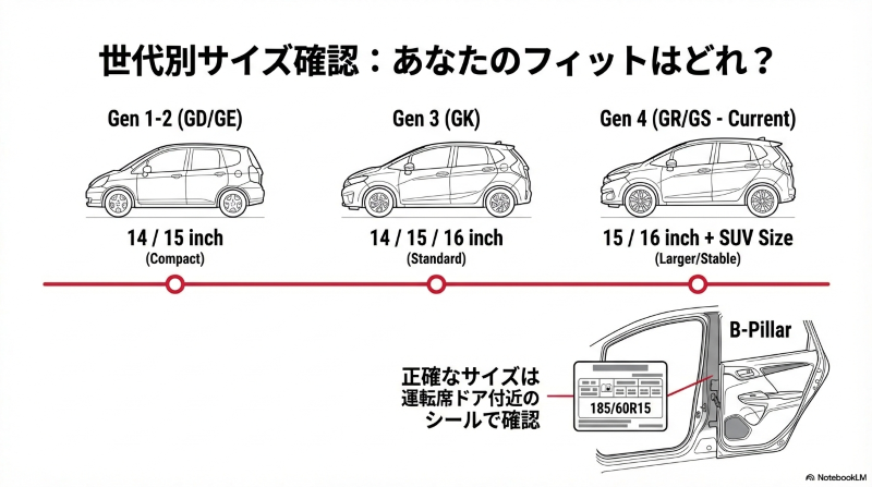 フィットの第1世代から第4世代までの主なタイヤサイズと、運転席ドア付近（Bピラー）での正確なサイズの確認方法