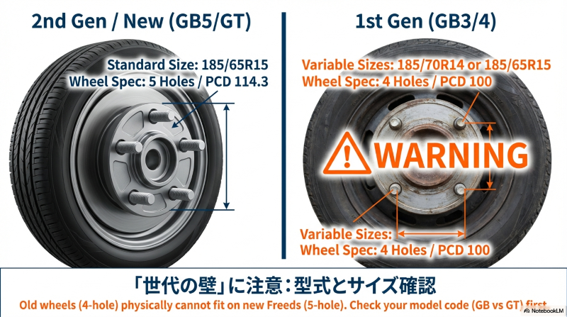 初代フリード(GB3/4)は4穴PCD100、現行(GB5以降)は5穴PCD114.3でホイール互換性がないことの注意喚起