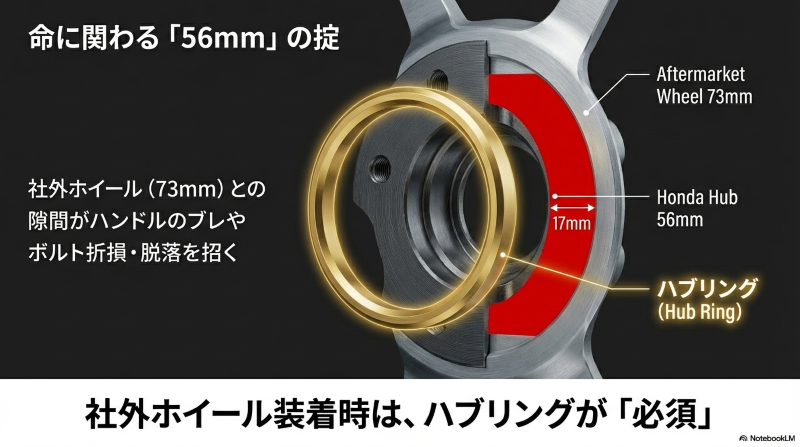 ホンダ純正ハブ径56mmと社外ホイール73mmの隙間を埋めるハブリング