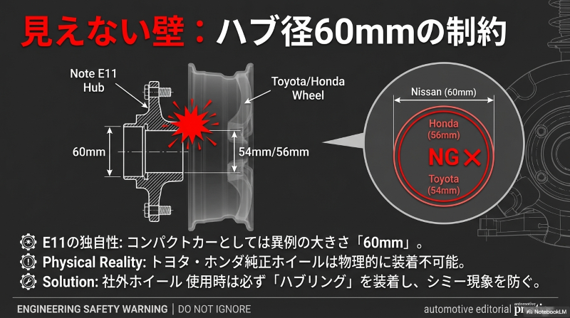 ノートE11のハブ径60mmに対しトヨタ・ホンダ純正ホイール(54mm/56mm)が物理的に装着不可であることを示す断面図