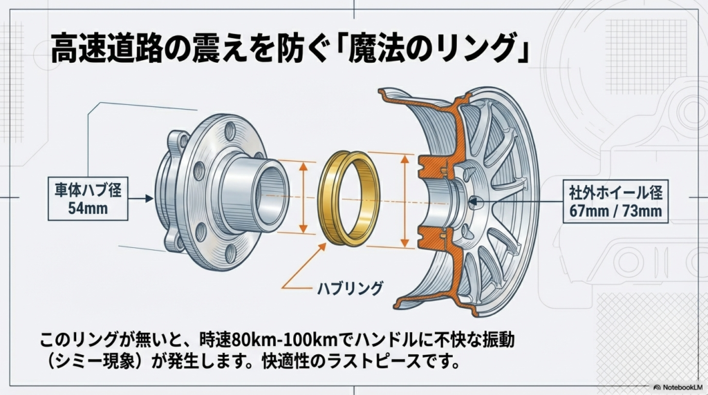 車体ハブ径54mmと社外ホイールの隙間を埋め、ハンドルのブレ（シミー現象）を防ぐハブリングの解説図