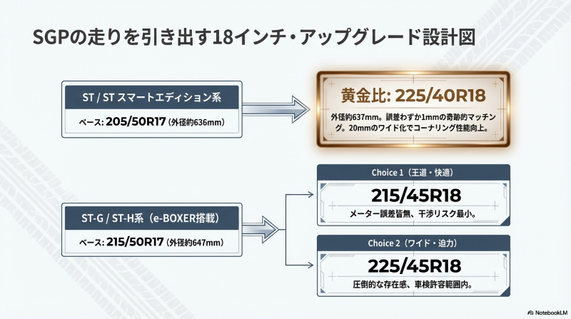インプレッサST系の黄金比である225/40R18、およびe-BOXER搭載ST-G/ST-H系の王道215/45R18やワイド225/45R18の適合サイズ一覧
