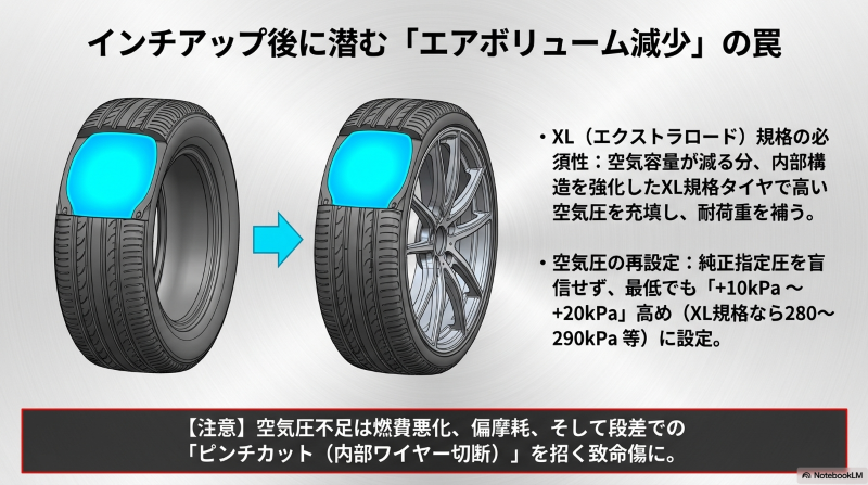 インチアップに伴うタイヤ内部の空気容量減少の図解と、XL（エクストラロード）規格タイヤにおける高い空気圧設定の必須性