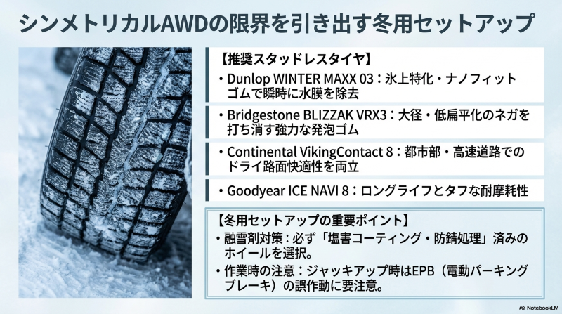 氷上に特化したWINTER MAXX03や発泡ゴムのBLIZZAK VRX3など、インプレッサのAWD性能を引き出す推奨スタッドレスタイヤと冬用ホイールの注意点