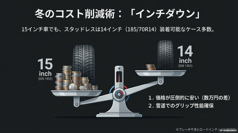 15インチから14インチへインチダウンした際のスタッドレスタイヤの価格比較