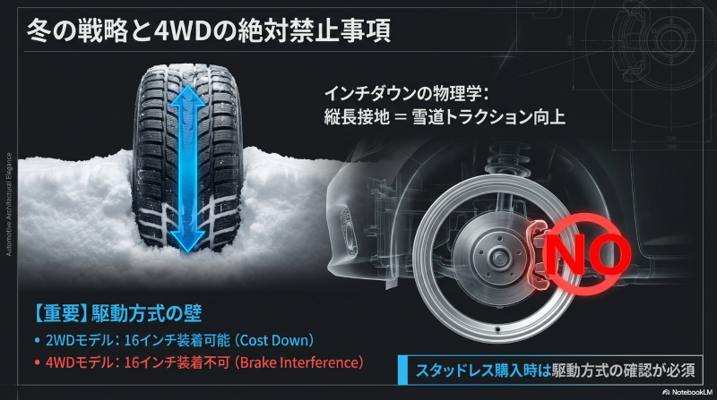 スタッドレスタイヤの縦長接地によるトラクション向上と、4WDモデルへの16インチ装着不可を示す図解