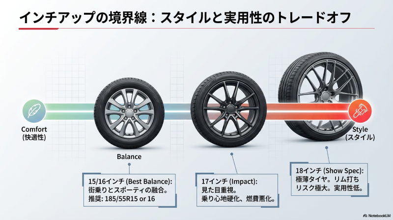 15インチから18インチまでのホイールサイズ変更に伴う、乗り心地と見た目のトレードオフを示す比較図