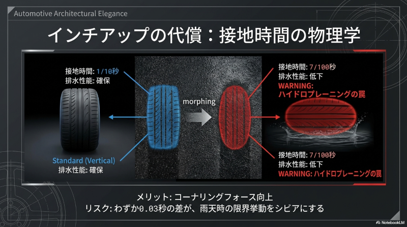 インチアップによる接地時間の短縮と排水性能低下の警告を示す図