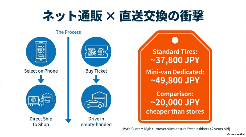 スマホでタイヤを購入し店舗へ直送する手順と実店舗と比較した際の約2万円の節約シミュレーション