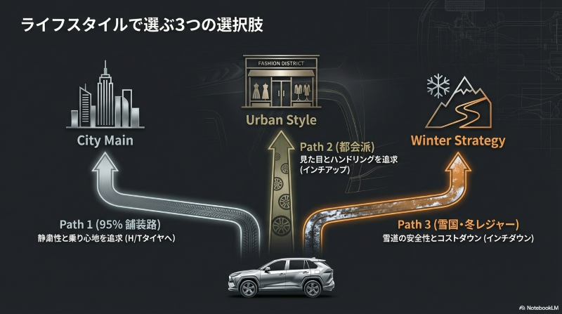 街乗り、アーバンスタイル、雪国・冬レジャーという3つのライフスタイルに合わせたタイヤ選びの選択肢を示す図