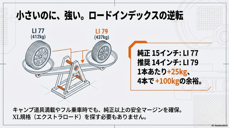 天秤のイラストを使用し、純正15インチ(LI 77)よりも14インチ(LI 79)の方が耐荷重性能が高いことを示した図