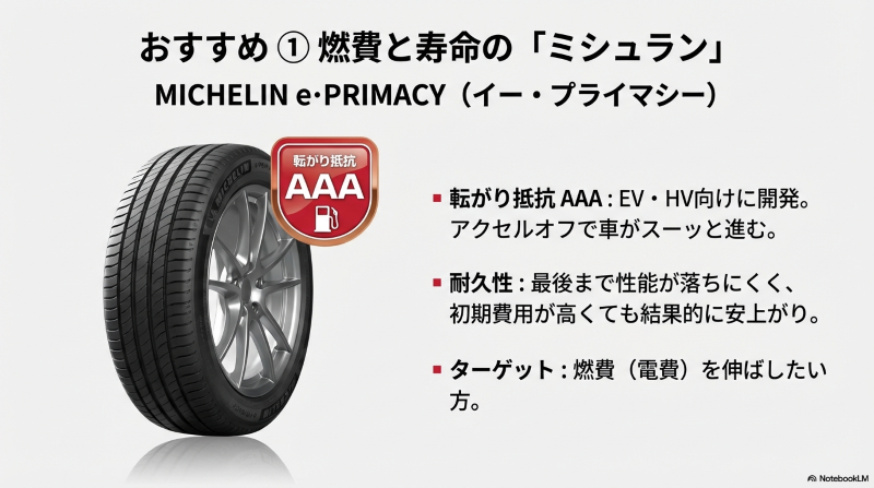 ミシュランのタイヤ「e·PRIMACY」の紹介。転がり抵抗AAAで燃費性能と耐久性に優れていることを示す画像。