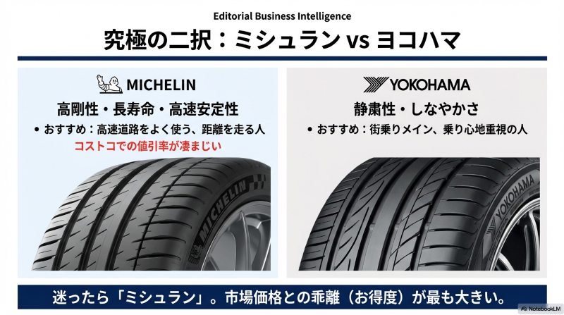 コストコタイヤの2大ブランド比較。ミシュラン(剛性・長寿命)対ヨコハマタイヤ(静粛性・乗り心地)の選び方