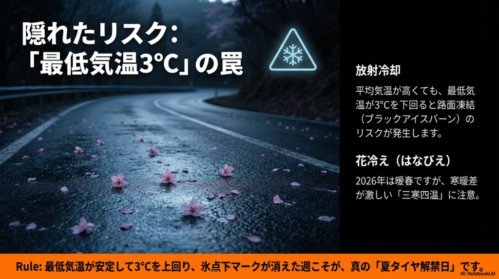 平均気温が高くても最低気温が3℃を下回ると放射冷却により路面凍結が発生するリスクがあることを警告するスライド。