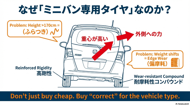 重心が高いミニバンのふらつきと偏摩耗を防ぐ高剛性タイヤの仕組み解説