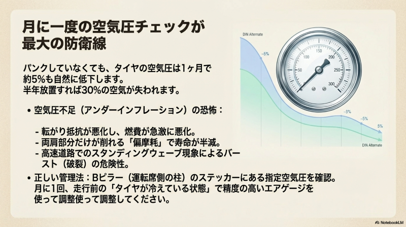 月に一度の空気圧チェックの重要性と自然低下による偏摩耗リスク