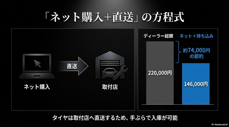 ディーラー総額220,000円に対し、ネット購入と持ち込みを利用して146,000円に抑え、約74,000円節約する方程式