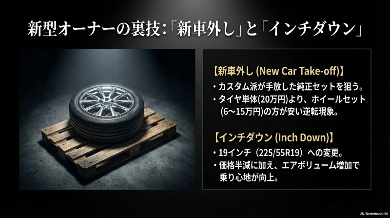 新型オーナーの裏技である新車外しとインチダウンの解説