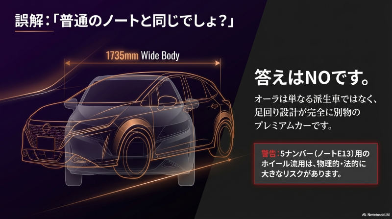 日産ノートオーラの1735mmワイドボディと専用の足回り設計を示す透視図