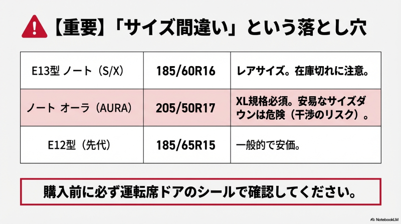 E13型ノート、オーラ、E12型ノートのタイヤサイズ比較表。E13は185/60R16、オーラは205/50R17であることを強調
