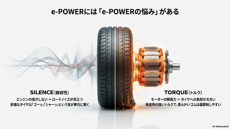 e-POWER特有のタイヤの悩みである「静寂性(ロードノイズが目立つ)」と「トルク(偏摩耗しやすい)」の解説