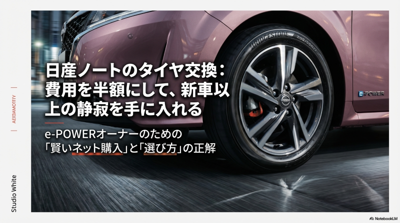 日産ノートのタイヤ交換費用を半額にし、新車以上の静かさを手に入れるための「賢いネット購入」と「選び方」の解説スライド表紙