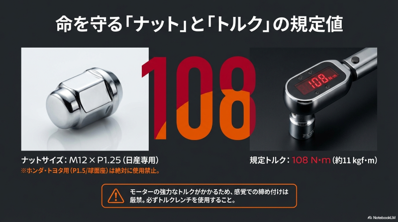 日産専用ホイールナットM12 P1.25と規定締め付けトルク108N・mの管理