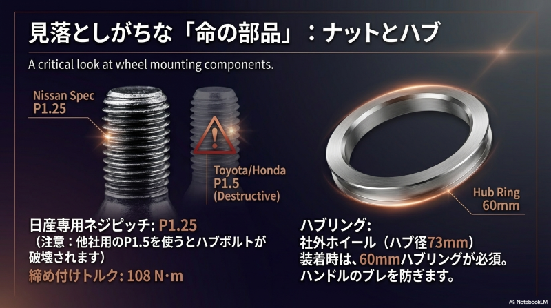 日産専用ネジピッチP1.25の重要性と社外ホイール装着時のハブリングの役割