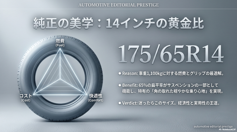 ノートE11純正14インチタイヤ(175/65R14)が燃費・コスト・快適性のバランスに優れている理由の図解