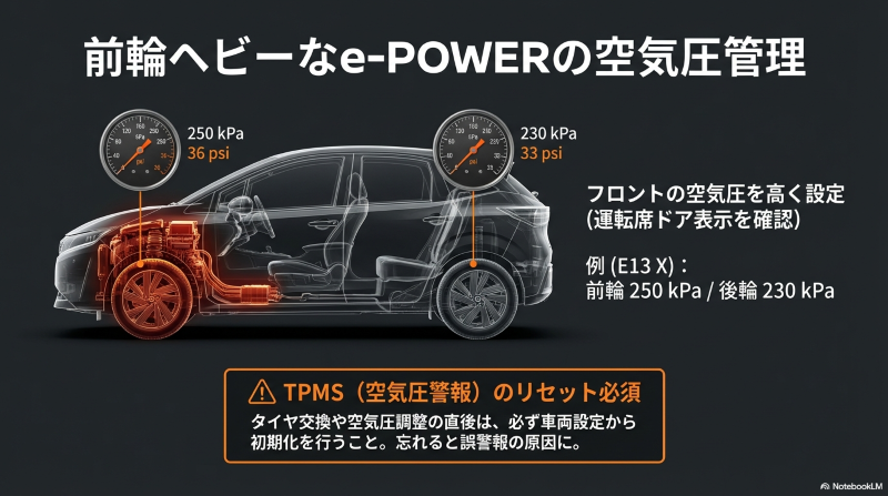 ノートe-POWERのタイヤ空気圧管理 前輪ヘビーな重量配分と指定空気圧250kPa