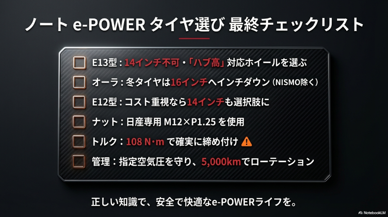 ノートe-POWERタイヤ選び最終チェックリスト 型式別・ハブ高・空気圧・締め付けトルク