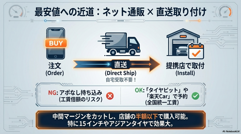 ネットで注文して提携店に直送し、タイヤ交換費用を抑える手順