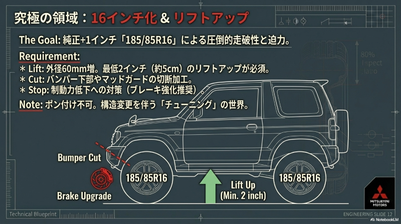 185/85R16サイズへの16インチ化に必要な、最低2インチ以上のリフトアップ、バンパーカット、ブレーキ強化の必要性を示す図解