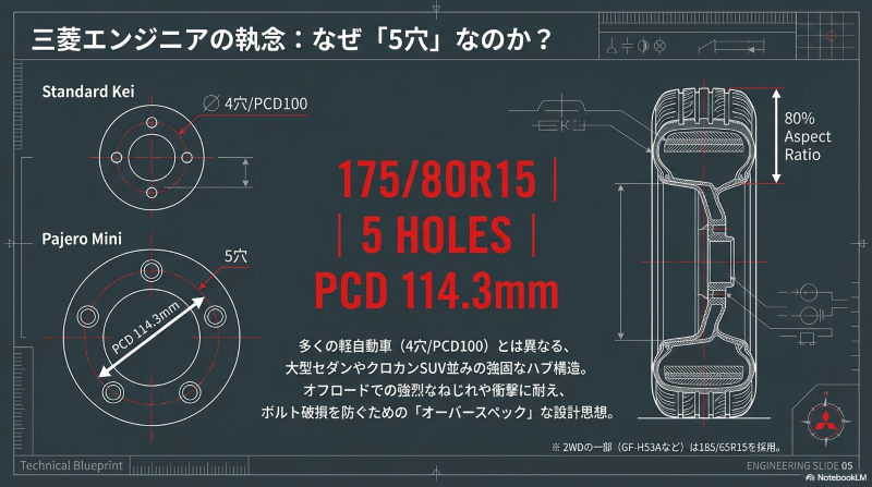 多くの軽自動車とは異なり、パジェロミニに採用されている5穴、PCD114.3mmのオーバースペックなハブ構造を示す設計図