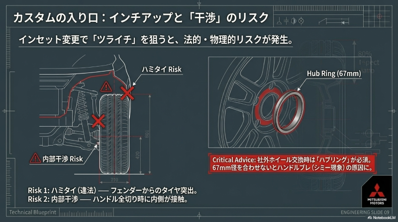 インチアップ時に注意すべきフェンダーからのハミタイリスクと内部干渉リスク 、および必須となる67mmハブリングの図解