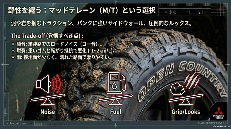 マッドテレーンタイヤのメリットに対する、騒音や燃費悪化といった覚悟すべきトレードオフを示すアイコン図