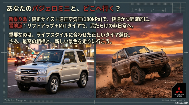 街乗り派から冒険派まで、パジェロミニのライフスタイルに合わせたタイヤ選びを提案するまとめ画像