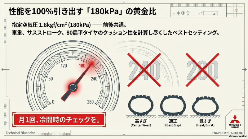 パジェロミニの指定空気圧である180kPaを示すメーターと、空気圧の高低によるタイヤ摩耗の違い(高すぎ・適正・低すぎ)のイラスト