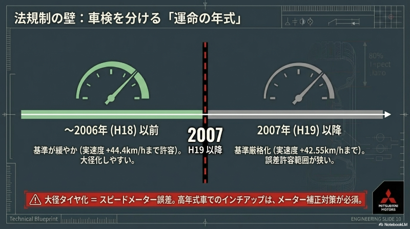 2006年以前と2007年以降での車検におけるスピードメーター誤差許容範囲の違いを示す図 。大径化によるメーター誤差への警告