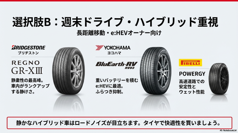 週末ドライブや静かなe:HEV車に最適な、静粛性や安定性に優れたプレミアムコンフォートタイヤ（BRIDGESTONE、YOKOHAMA、PIRELLI）の紹介